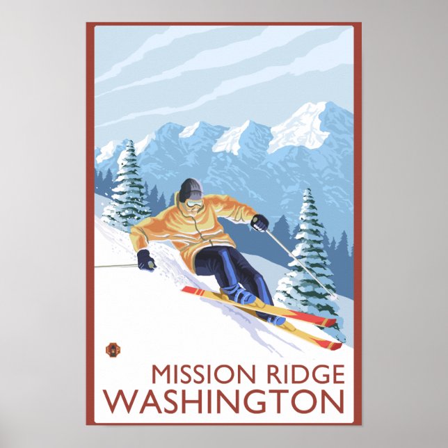 Póster Esquí de nieve cuesta abajo - Misión Ridge, Washin (Frente)