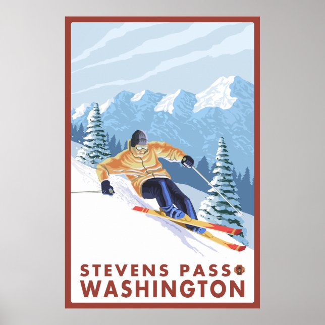 Póster Esquí de nieve cuesta abajo - Paso Stevens, Washin (Frente)