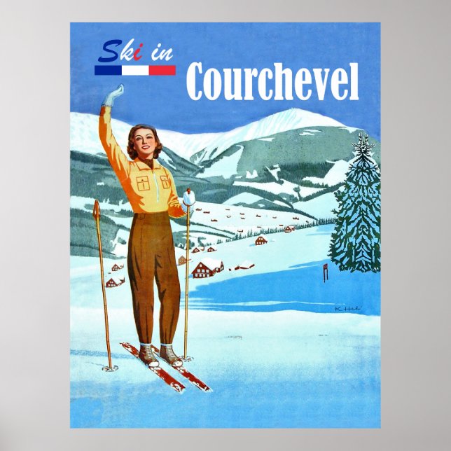 Póster Esquí en Courchevel, mujer en esquí, Francia (Frente)