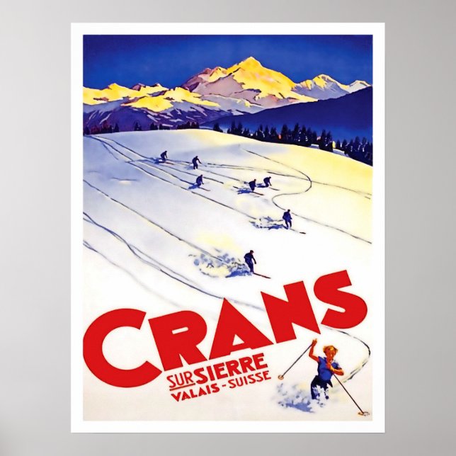 Póster Esquí en Crans hill, Suiza, viaje vintage (Frente)