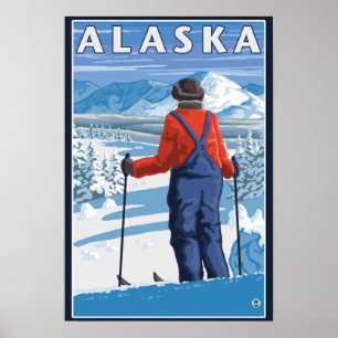 Póster Esquí en poster del viaje del vintage de Alaska