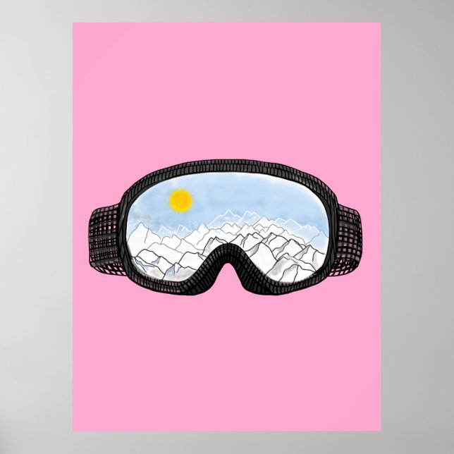 Póster Esquí Goggles Ilustracion Vista Montaña Rosa (Frente)