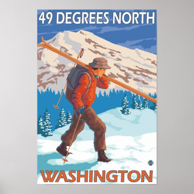 Póster Esquiador con esquís de nieve - 49 grados norte, (Frente)