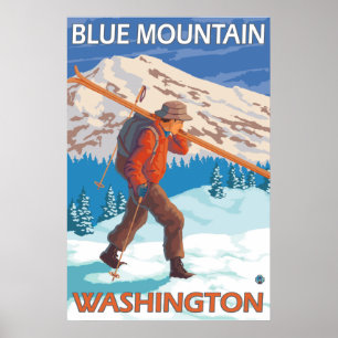 Póster Esquiador con esquís de nieve - Montaña Azul, WA