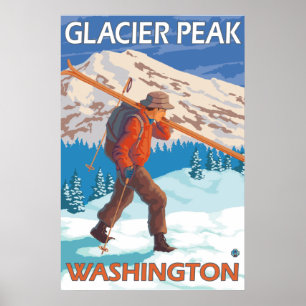 Póster Esquiador con nieve - pico glaciar, WA