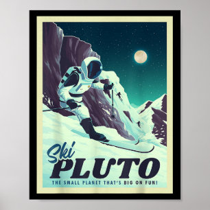 Póster Esquiador de esquí con plutociclismo espacial retr