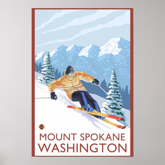 Póster Esquiador de nieve cuesta abajo - Monte Spokane, (Frente)