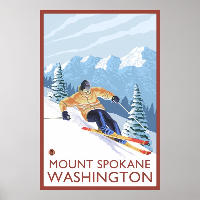 Póster Esquiador de nieve cuesta abajo - Monte Spokane, W (Frente)