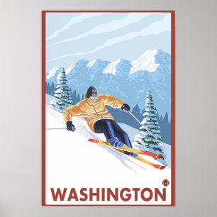 Póster Esquiador de nieve cuesta abajo - Washington