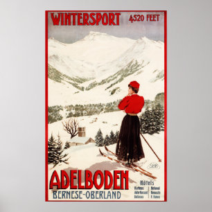 Póster Esquiadora mujer con vistas al Poster de Adelboden