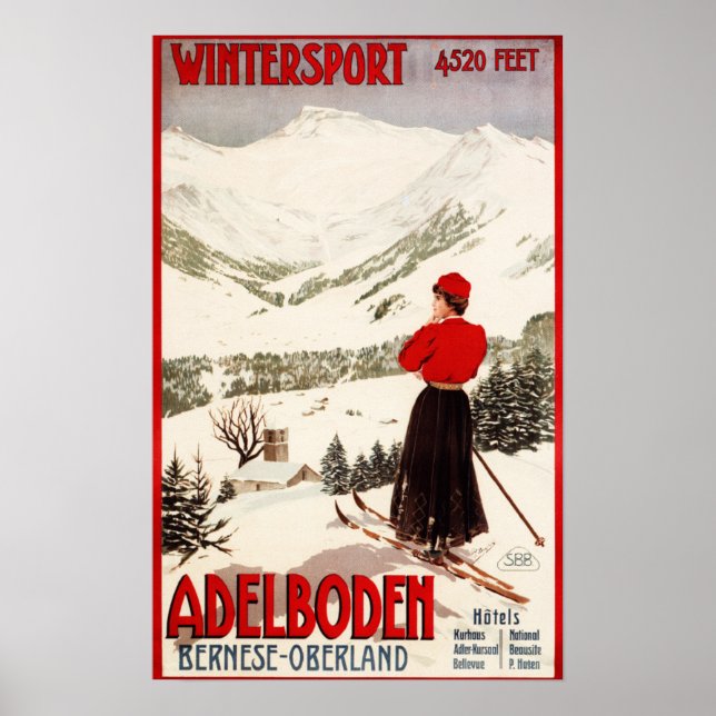 Póster Esquiadora mujer con vistas al Poster de Adelboden (Frente)