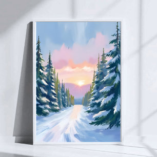 Póster Esquiar al Atardecer   Pintura de Esquí de Montaña