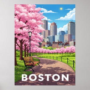 Póster Esquina de Boston bajo florecimiento de cerezos