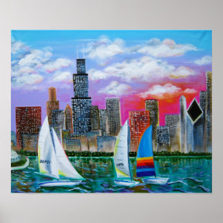 Póster Esquina de Chicago por el lago Michigan