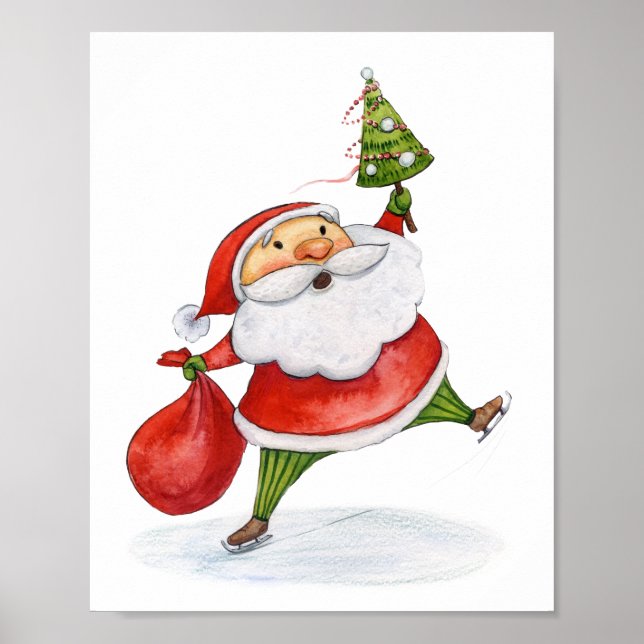 Póster Esquina de Navidades Santa Cute dibujo acuarela (Frente)
