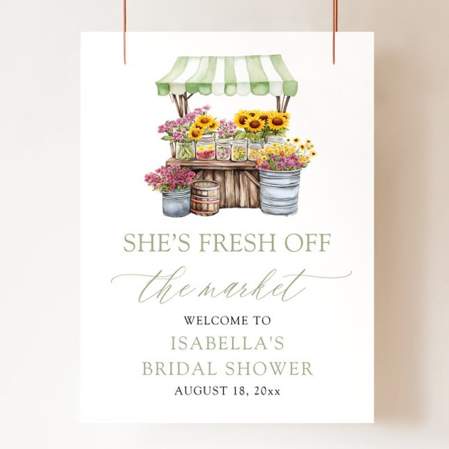 Póster Está recién salida del mercado, bienvenida a la du (She's Fresh Off the Market Bridal Shower Welcome Sign)