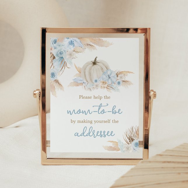 Póster Estación Boho Dusty Blue Pumpkin Envelope (Boy Little Pumpkin Baby Shower Envelope Station Sign)