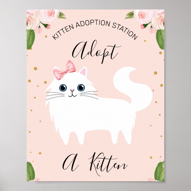 Póster Estación de adopción de Gatito Blanco Rótulo del p (Frente)