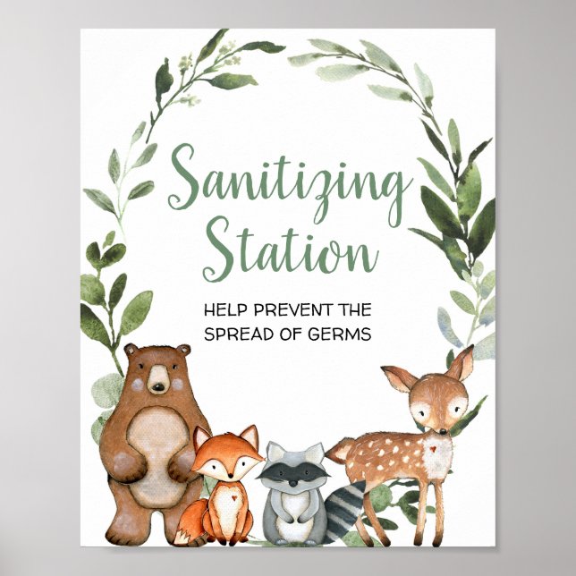 Póster Estación de anitización animales de bosque ducha d (Frente)