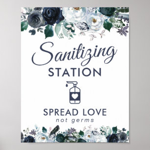 Póster Estación de Sanitización de Manos Floral Azul