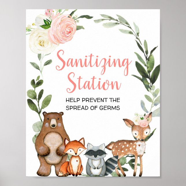 Póster Estación de sanitizado ducha de madera con flores  (Frente)