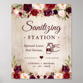 Póster Estación de Sanitization Rustic Wood Burgundy Flor