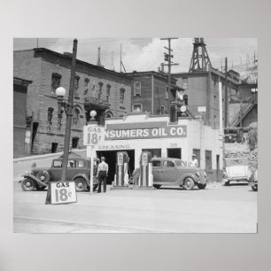 Póster Estación de servicio en Montana, 1939. Foto antigu