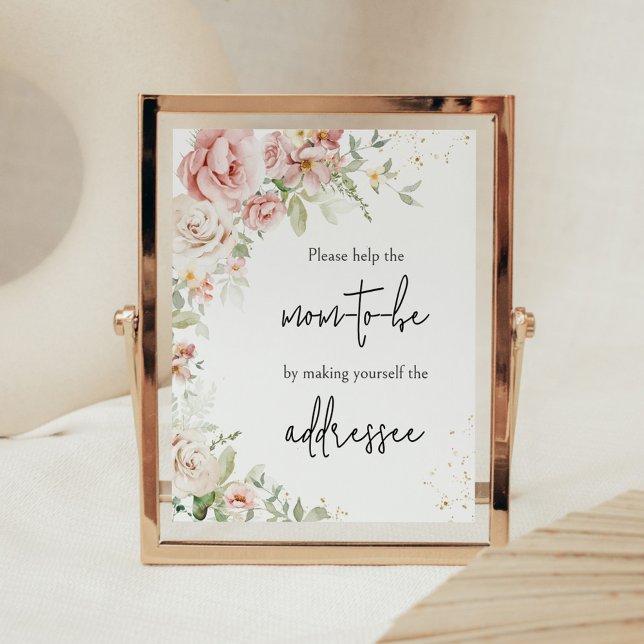 Póster Estación de sobre Baby Shower con flores rosadas y (Dusty Pink Floral Greenery Baby Shower Envelope Station Sign)