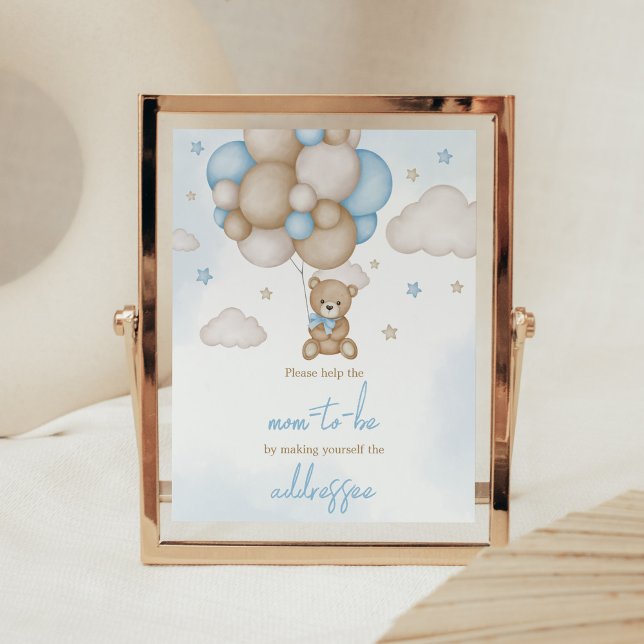 Póster Estación de sobre Baby Shower de globo azul (Teddy Bear Balloon Baby Shower Envelope Station Sign)