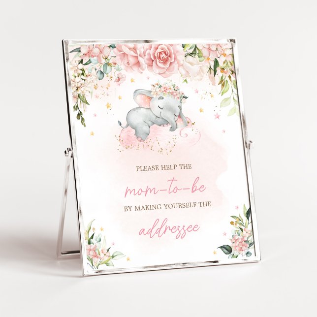 Póster Estación de sobres Baby Shower para elefantes flor (Pink Floral Sleeping Elephant Baby Shower Envelope Station Sign)