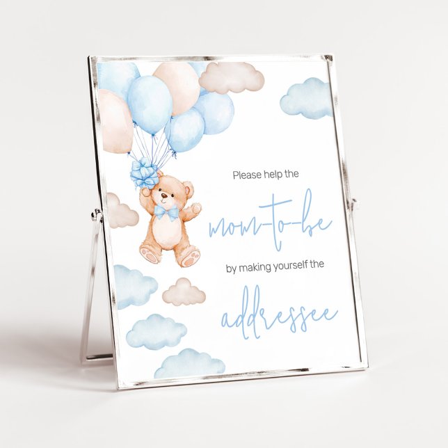 Póster Estación de Sobres Cumpleaños Globo Oso Azul (Blue Baby Bear Balloon Baby Shower Envelope Station Sign)