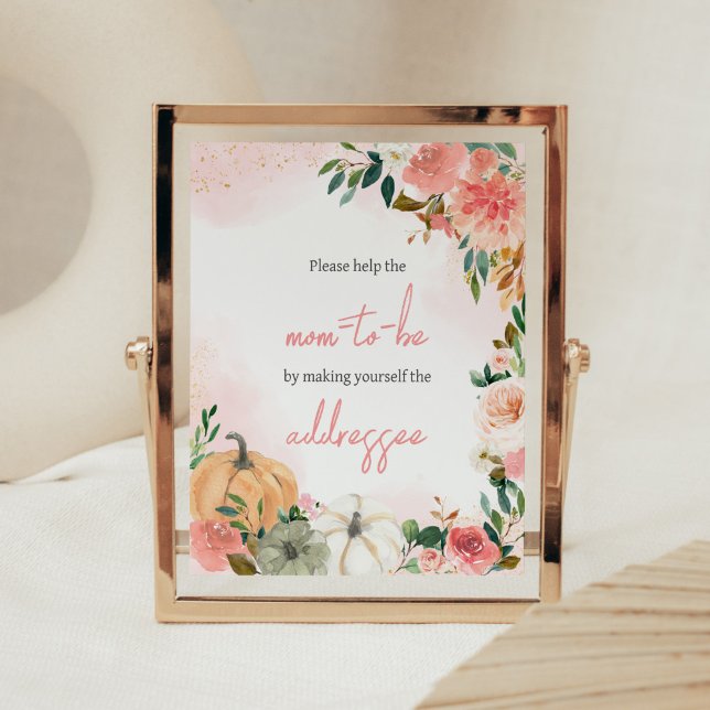 Póster Estación de sobres de calabaza floral rosa otoño o (Autumn Floral Pumpkin Baby Shower Envelope Station Sign)