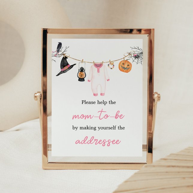 Póster Estación de sobres rosada para niños pequeños de H (Halloween Baby Clothes Baby Shower Envelope Station Sign)