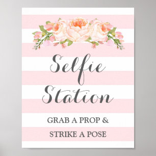 Póster Estacion Selfie Boda Rótulo Flores rosas Rayas