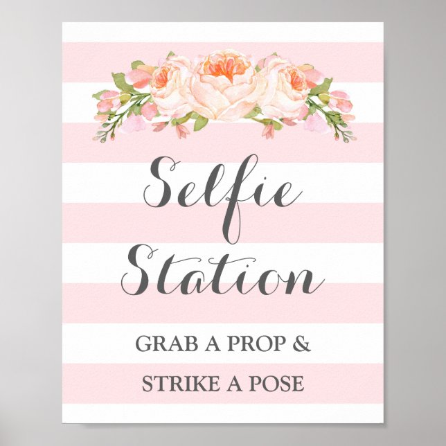 Póster Estacion Selfie Boda Rótulo Flores rosas Rayas (Frente)