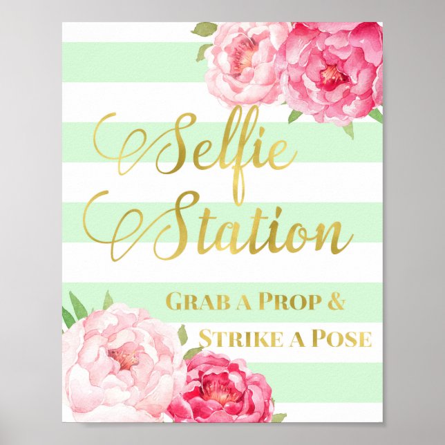Póster Estacion Selfie Rótulo Estampado de oro Floral Ros (Frente)