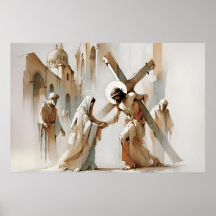 Póster Estaciones de la Cruz Jesús se encuentra con su Ma