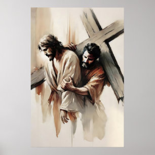 Póster Estaciones de la Cruz Simón de Cirene Ayuda a Jesú