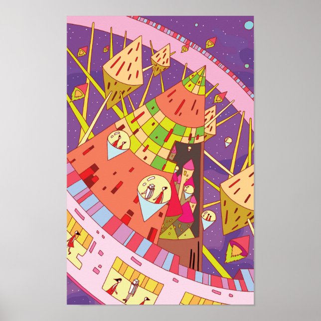 Póster Estaciones espaciales y vida retro-futurista en el (Frente)