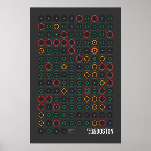 Póster Estaciones y líneas: Boston (oscuro) (Frente)