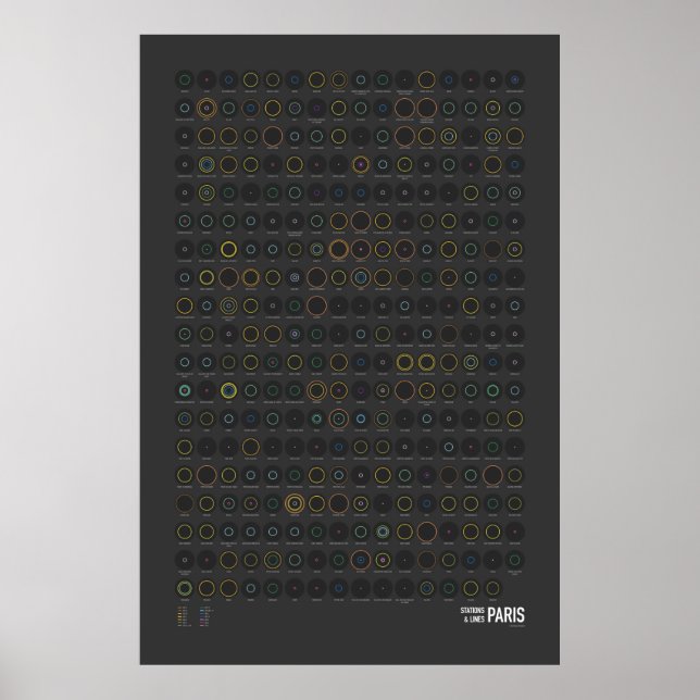 Póster Estaciones y líneas: París (oscuro) (Frente)
