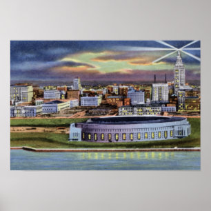 Póster Estadio y horizonte de Cleveland Ohio en la noche