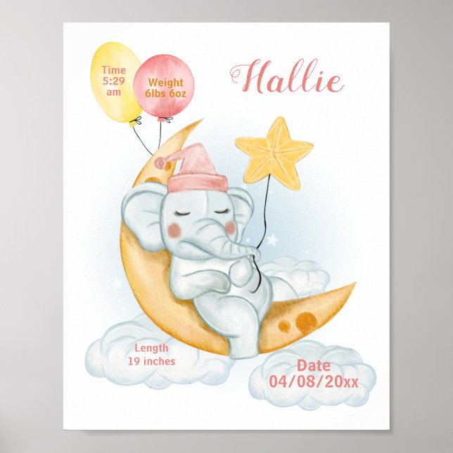 Póster Estadísticas de Nacimiento de Bebé Elefante Dormid (Frente)