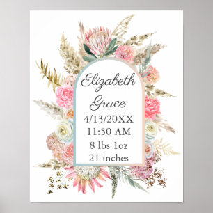 Póster Estadísticas de nacimiento de bebé floral blanco r