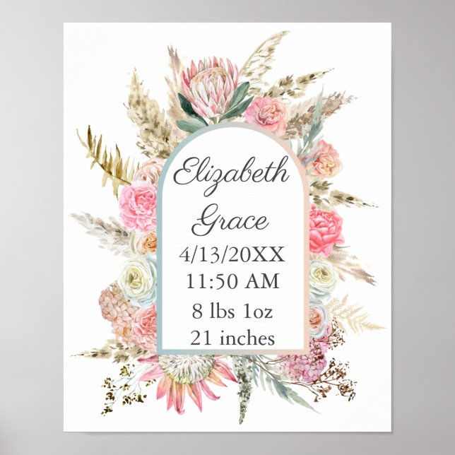 Póster Estadísticas de nacimiento de bebé floral blanco r (Frente)