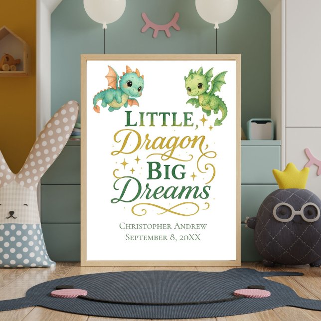 Póster Estadísticas de nacimiento de dragones verdes pers (Little Dragon Big Dreams Baby Boy Nursery Wall Art Print. Personalized with Name Birthday Birth Stat)
