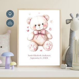 Póster Estadísticas de nacimiento Osito de peluche rosa n