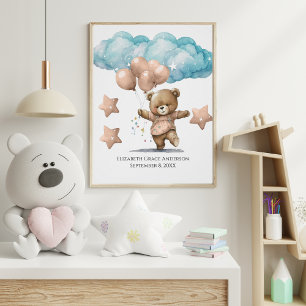 Póster Estadísticas de nacimiento Oso bebé rosa Nubes Art