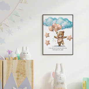 Póster Estadísticas de nacimiento Oso de bebé rosa Nubes 