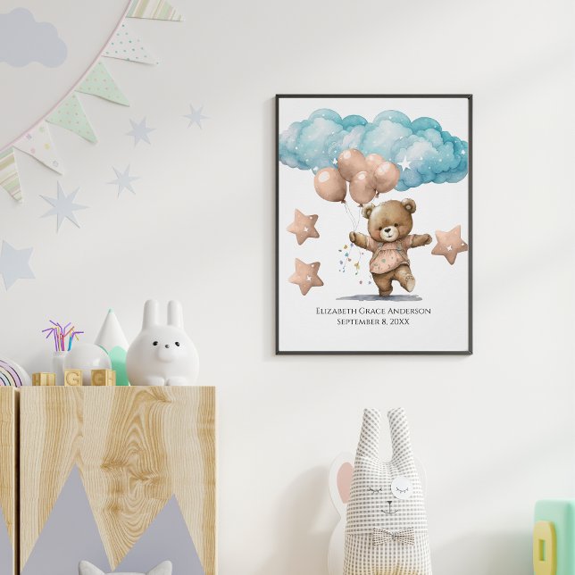Póster Estadísticas de nacimiento Oso de bebé rosa Nubes  (Subido por el creador)